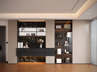 Modern Display Cabinet Interior Design Featuring Marble Backdrop Wooden Shelves And Ornaments 3d model