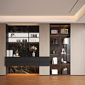Modern Display Cabinet Interior Design Featuring Marble Backdrop Wooden Shelves And Ornaments