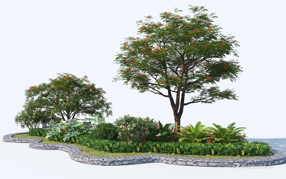Roadside Facilities Featuring Lush Trees Stone Wall Edging And Green Vegetation 3d model 