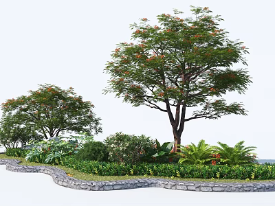 Roadside Facilities Featuring Lush Trees Stone Wall Edging And Green Vegetation 3d model