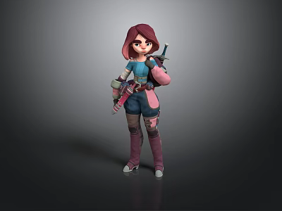 Anime Style Woman With Pink Hair Blue Top And Pink Jacket Holding Weapon In Boots 3d model