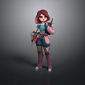 Anime Style Woman With Pink Hair Blue Top And Pink Jacket Holding Weapon In Boots