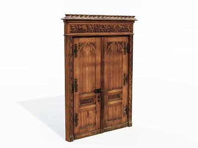 Vintage Wooden Double Doors With Intricate Carved Patterns And Decorative Top Ornamentation 3d model