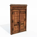 Vintage Wooden Double Doors With Intricate Carved Patterns And Decorative Top Ornamentation