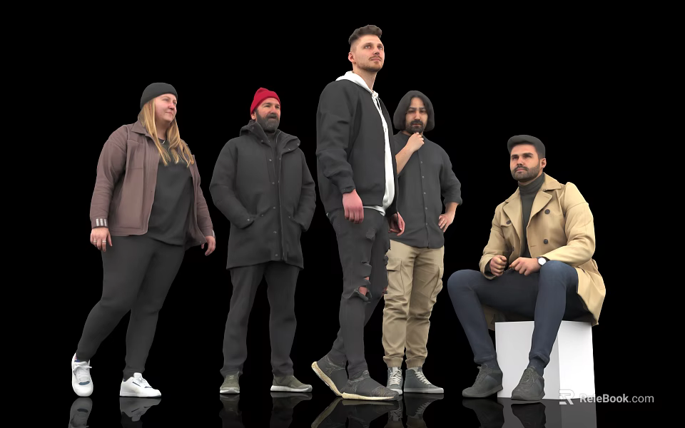 Group of People in Casual Clothing Standing and Sitting Against Black Background 3d model 