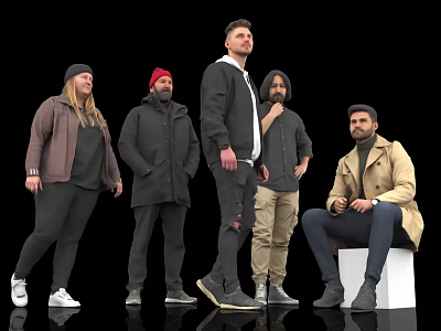 Group of People in Casual Clothing Standing and Sitting Against Black Background 3d model