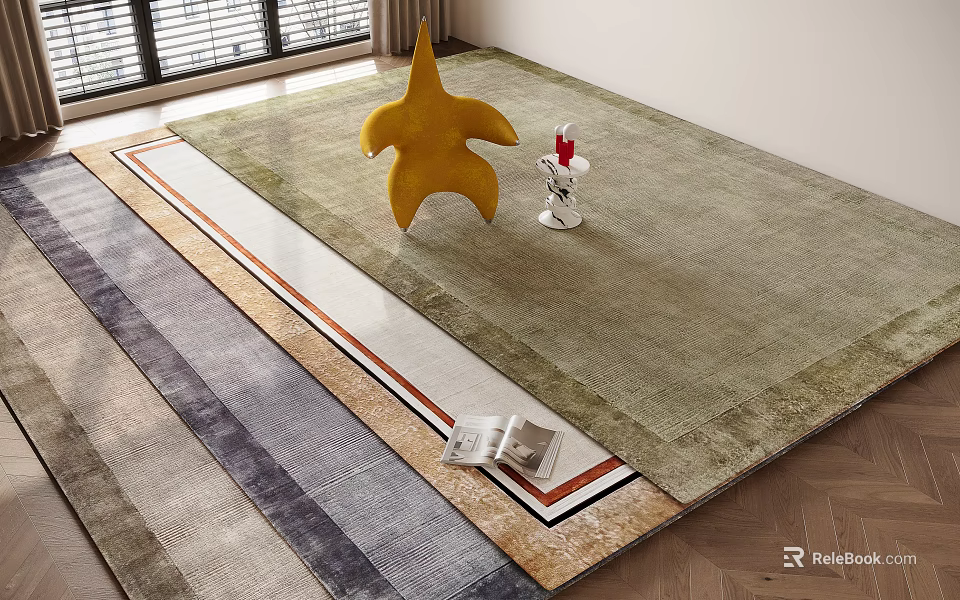 Multicolored Square Rugs with Stripes on Wooden Floor and Yellow Star Decor 3d model 