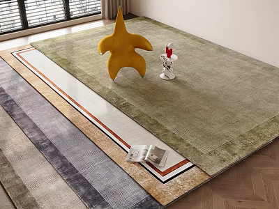Multicolored Square Rugs with Stripes on Wooden Floor and Yellow Star Decor 3d model