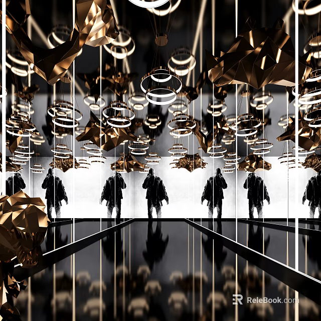 Modern Office Hallway With Golden Geometric Decor Circular Lights And Silhouette Reflections On Mirrored Floor 3d model 
