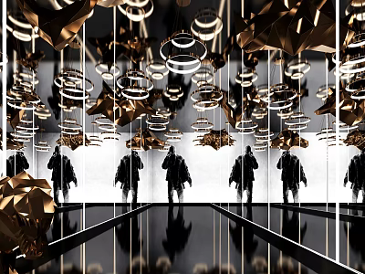 Modern Office Hallway With Golden Geometric Decor Circular Lights And Silhouette Reflections On Mirrored Floor 3d model