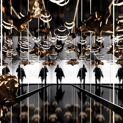 Modern Office Hallway With Golden Geometric Decor Circular Lights And Silhouette Reflections On Mirrored Floor 3d model