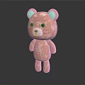 Pink Plush Toy Bear with White Inner Ears Black Eyes Nose Standing on Black Background