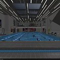 Indoor Swimming Pool Area Modern Interior Design With Ceiling Lights Lounge Chairs And Blue Water