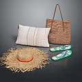 Straw Tote Bag With Decorative Pillow Straw Hat And Flip Flops 3d model