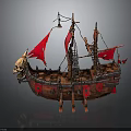 Pirate Ship Water Transport With Skull Decoration Red Sails And Wooden Oars