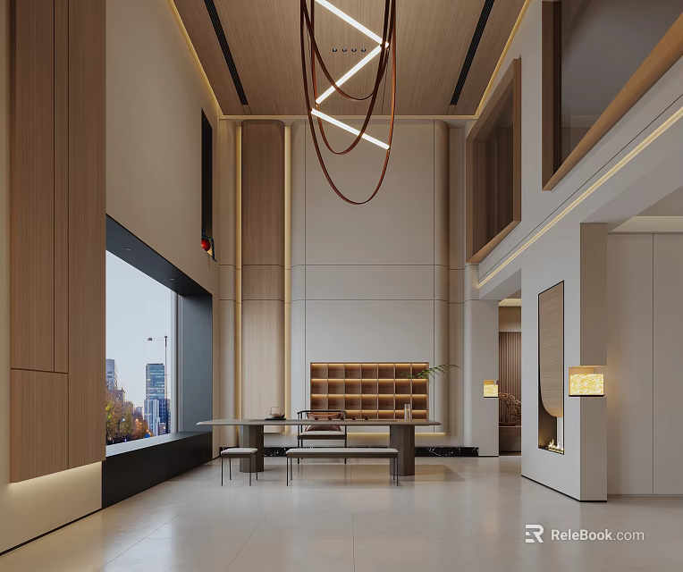 Modern Lounge Area Interior With Wooden Walls Large Windows Bookshelf Tables And Pendant Lights 3d model 