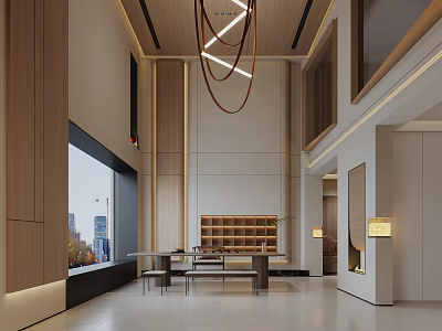 Modern Lounge Area Interior With Wooden Walls Large Windows Bookshelf Tables And Pendant Lights 3d model