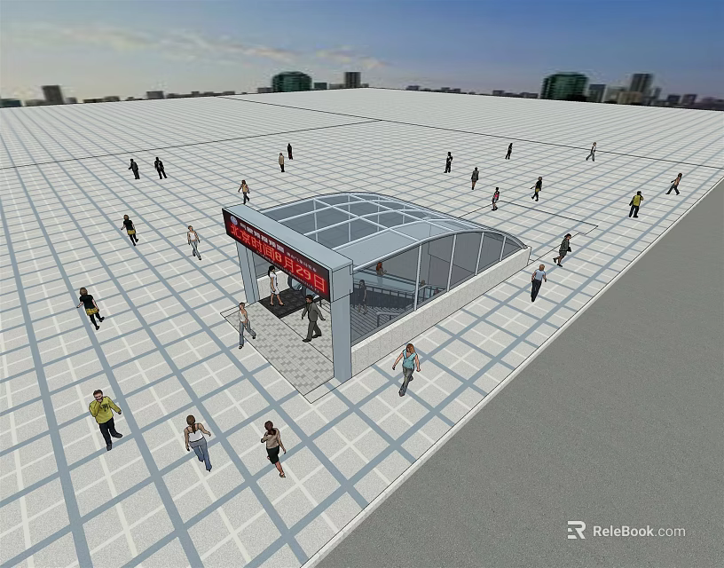 Open Urban Square Featuring Glass Covered Entrance And People Walking Around 3d model 