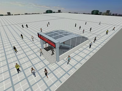 Open Urban Square Featuring Glass Covered Entrance And People Walking Around 3d model