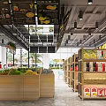 Spacious Supermarket Interior With Grocery Shelves Fresh Fruits And Product Signs