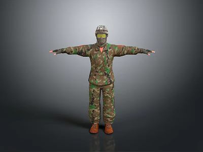 Game and Movie Character in Camouflage Uniform With Helmet and Goggles Standing 3d model