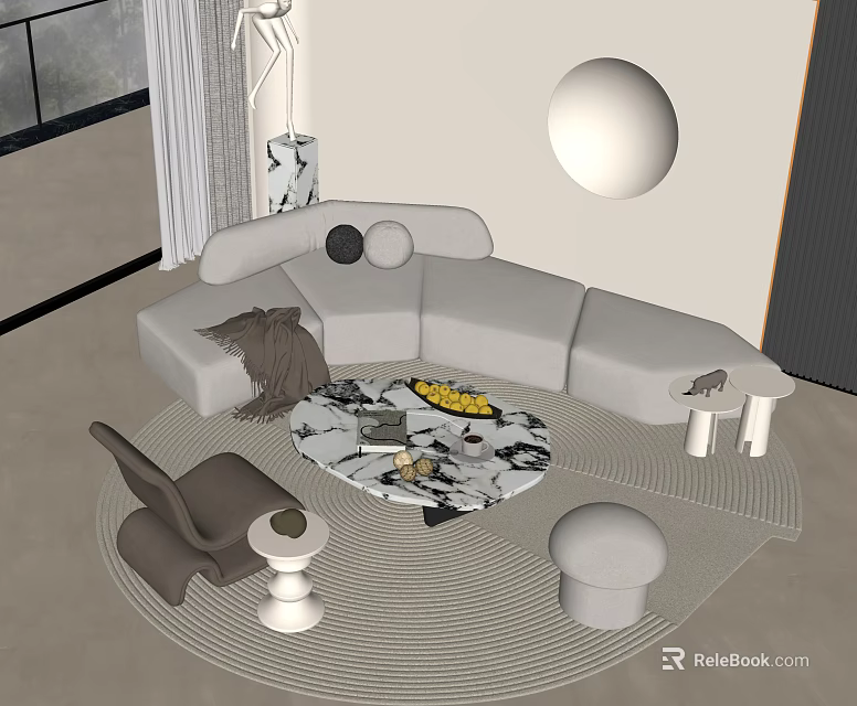 Elegant Modern Curved Sofa and Round Marble Coffee Table Set With Area Rug 3d model 