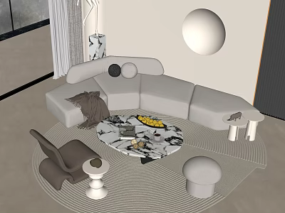 Elegant Modern Curved Sofa and Round Marble Coffee Table Set With Area Rug 3d model