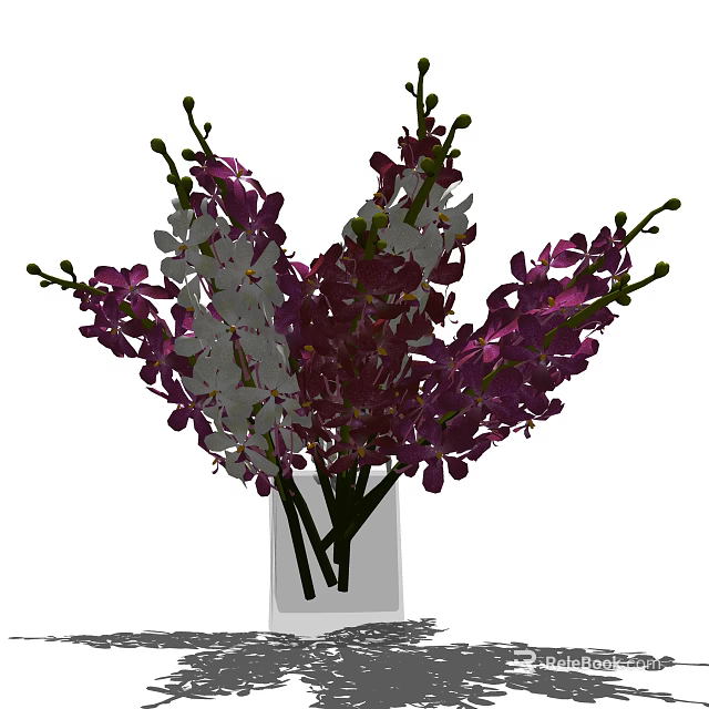 Beautiful Square Glass Vase With Fresh Purple And White Orchids Flowers Arrangement 3d model 