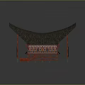 Traditional Architectural Model with Curved Thatched Roof and Red Wooden Structure