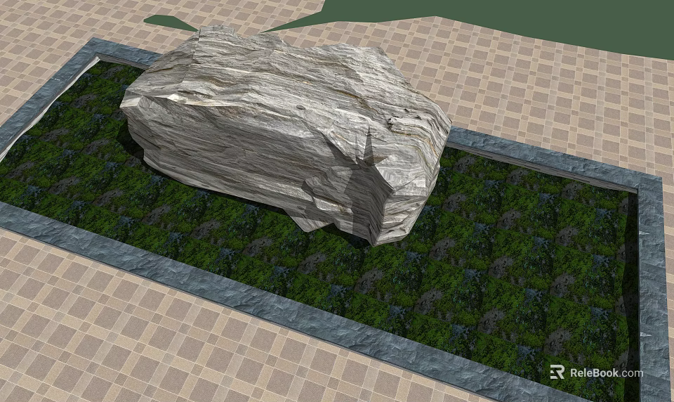 Natural Stone And Wood Decorative Feature With Green Plants On Paved Ground 3d model 