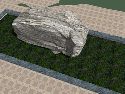 Natural Stone And Wood Decorative Feature With Green Plants On Paved Ground 3d model