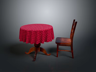 Round Dining Table With Red Plaid Tablecloth And Wooden Chair In Gray Background 3d model