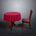 Round Dining Table With Red Plaid Tablecloth And Wooden Chair In Gray Background