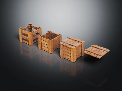 Four Wooden Storage Boxes In Various Shapes With Open And Closed States On Dark Background 3d model