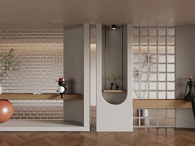 Modern Glass Brick Partition in Open Living Area with Wooden Shelves and Greenery 3d model