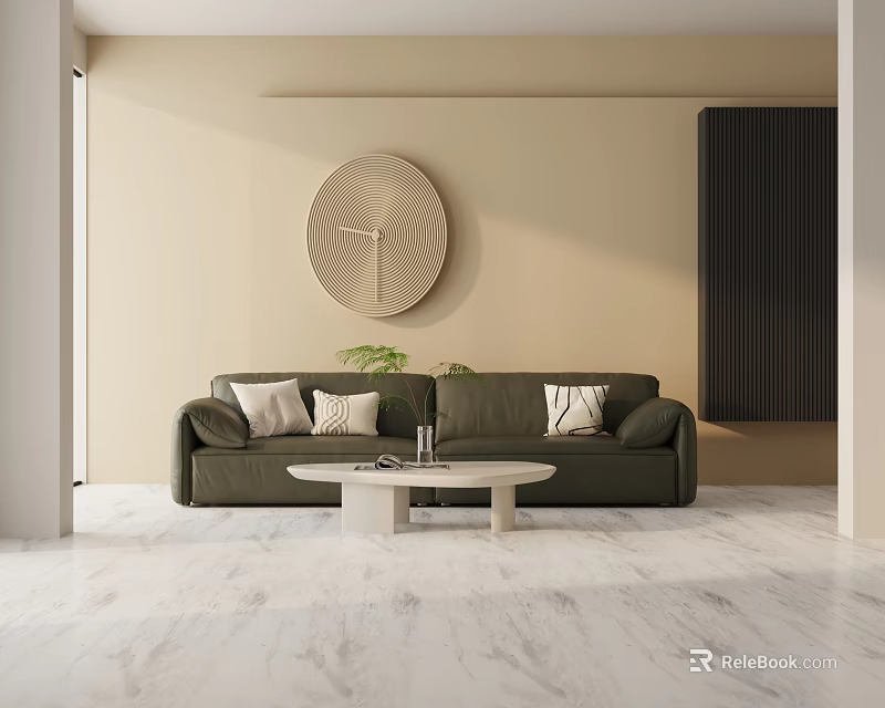 Dark Green Three-Seater Sofa With Beige Wall Round Clock White Coffee Table And Marble Floor 3d model 