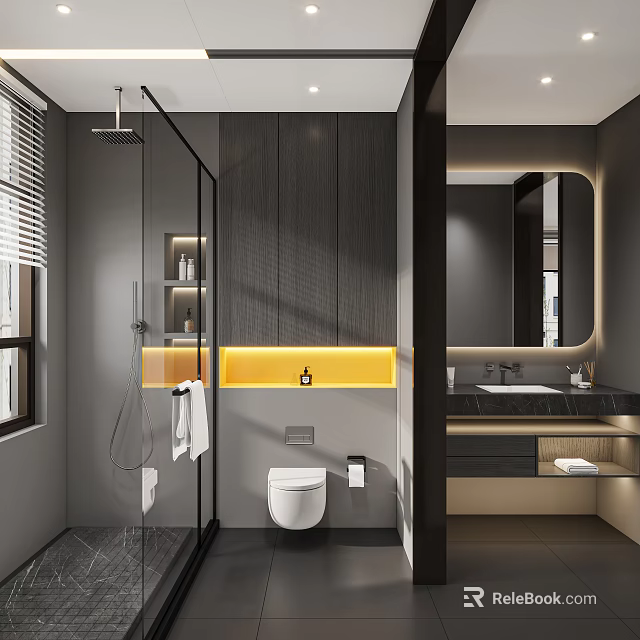 Modern Minimalist Bathroom Interior Design With Glass Shower Enclosure Toilet Vanity And Warm Lighting Strip 3d model 