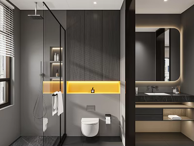 Modern Minimalist Bathroom Interior Design With Glass Shower Enclosure Toilet Vanity And Warm Lighting Strip 3d model
