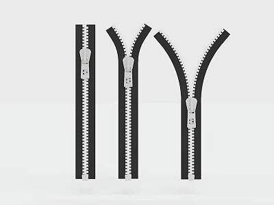 Three Black Zippers With Silver Sliders And White Teeth Design Close Up 3d model