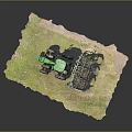 Green Tractor With Large Wheels Attached To Agricultural Cultivation Implement In Field