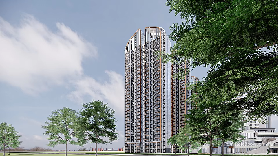 Modern High Rise Residential Buildings With Green Trees And Cloudy Sky 3d model 