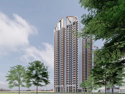 Modern High Rise Residential Buildings With Green Trees And Cloudy Sky 3d model