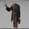 Elderly Male Character in Long Coat Pinstripe Suit With Glasses Umbrella And Red Briefcase