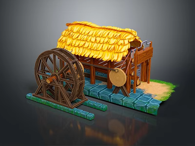 Traditional Cottage Architecture Featuring Straw Roof Wooden Structure Water Wheel And Stone Brick Base 3d model
