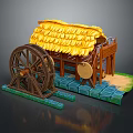 Traditional Cottage Architecture Featuring Straw Roof Wooden Structure Water Wheel And Stone Brick Base