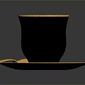 Black Coffee Cup With Gold Rim And Latte Art On Black Saucer With Gold Spoon