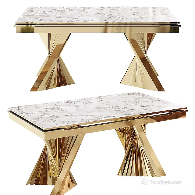 Elegant Gold Frame Dining Table With White Marble Top And Modern Geometric Base 3d model 