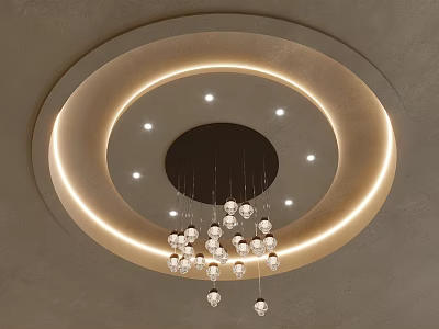 Crystal Chandelier With Circular Ceiling LED Strip Lighting And Multiple Hanging Glass Bulbs 3d model