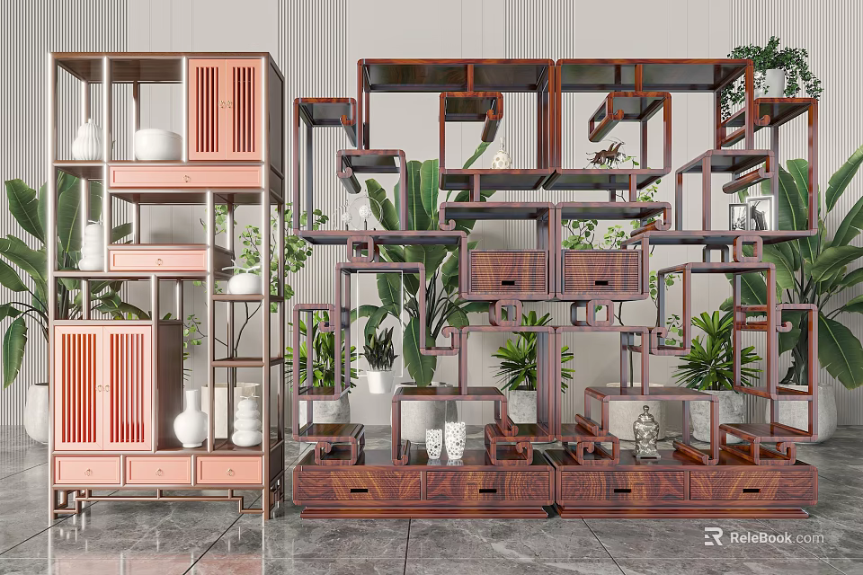 Two Tone Wooden Bookcase Interior With Open Geometric Shelves Decorative Plants And Vases 3d model 