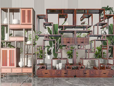 Two Tone Wooden Bookcase Interior With Open Geometric Shelves Decorative Plants And Vases 3d model